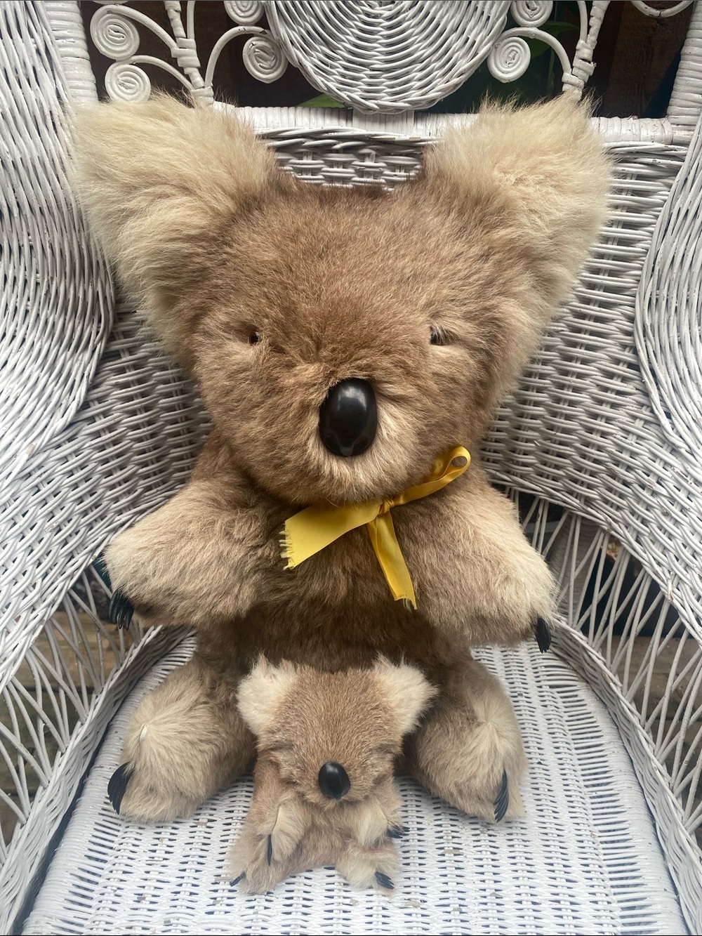 Vintage Plush Brown Koala Stuffed Animal Toy with Yellow Bow and Joey Koala